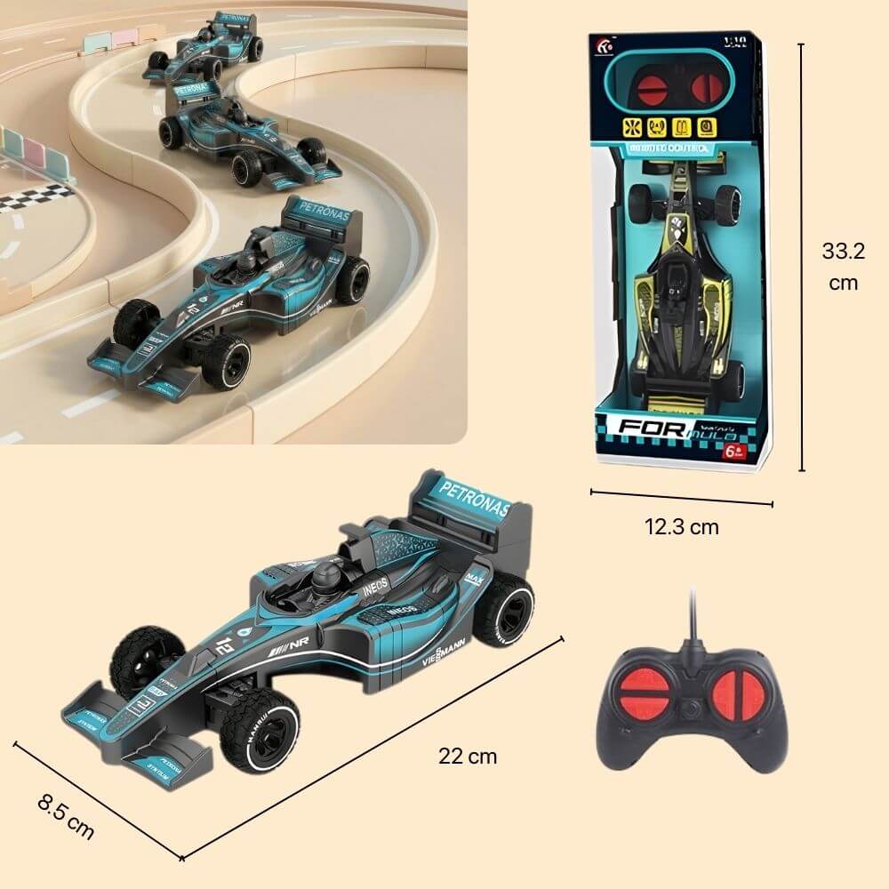 Mașină cu telecomandă RC 1:18, Model Formula 1, Curse și Viteză 10 km/h, Jucărie RC pentru copii 6+ ani, Negru/Albastru