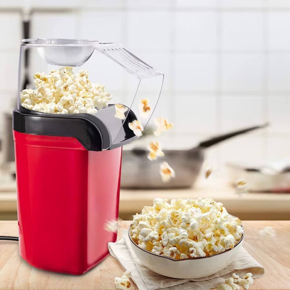 Aparat cu Aer Cald de facut Popcorn DigikalaX®, fara Ulei, 3min Preparare 1200W, Recipient dozator Boabe, Rosu