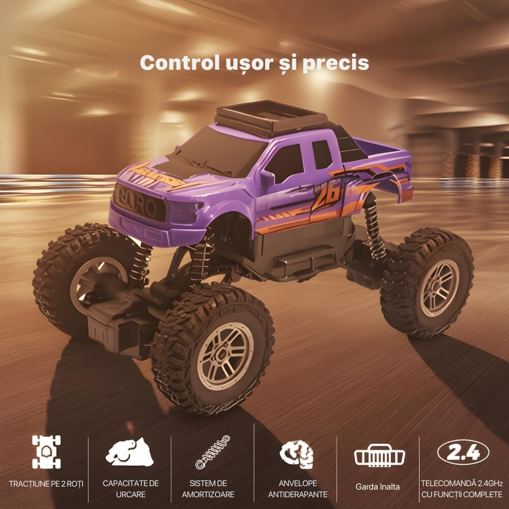 Mașină cu Telecomandă RC Off Road 1:16, Tip Monster Truck, 10 km/h, Suspensii Profesionale, Rază 10m, Baterie tip acumulator inclusa, Jucarie pentru copii+5 ani, Mov