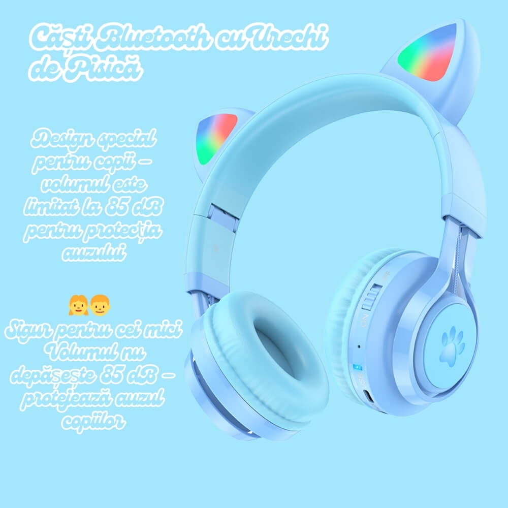 Casti Wireless Copii cu Urechi de Pisica, Pliabile, LED-uri RGB Distractive, Bluetooth, Microfon, Slot card, Functie Protectie Volum Copii, DigikalaX®, Conectare cablu AUX, Albastru Deschis