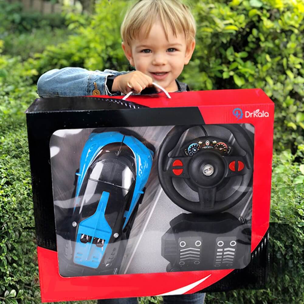 Masinuta cu telecomanda, Model Bugatti Chiron, Set cu pedale si volan, Design Sportiv, Jucarie Cadou Ideal pentru Copii si Adulti +5 ani, Albastru