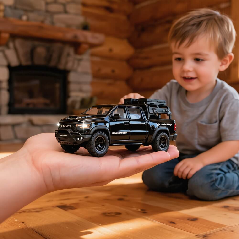 Masinuta Metalica Dodge RAM TRX Mammoth 1000, Scara 1:32, Usi Mobile, Functie Pull-Back, Negru/Rosu