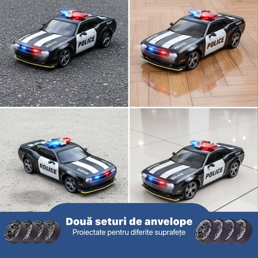 Masinuta cu Telecomanda, RC Drift Police Car, 1:24, 2.4GHz, Tractiune Integrala, 2 Seturi Anvelope (Speed & Drift), Obstacole Incluse, Baterie Reincarcabila, Jucarie Cadou Ideal pentru Copii si Adulti, Negru