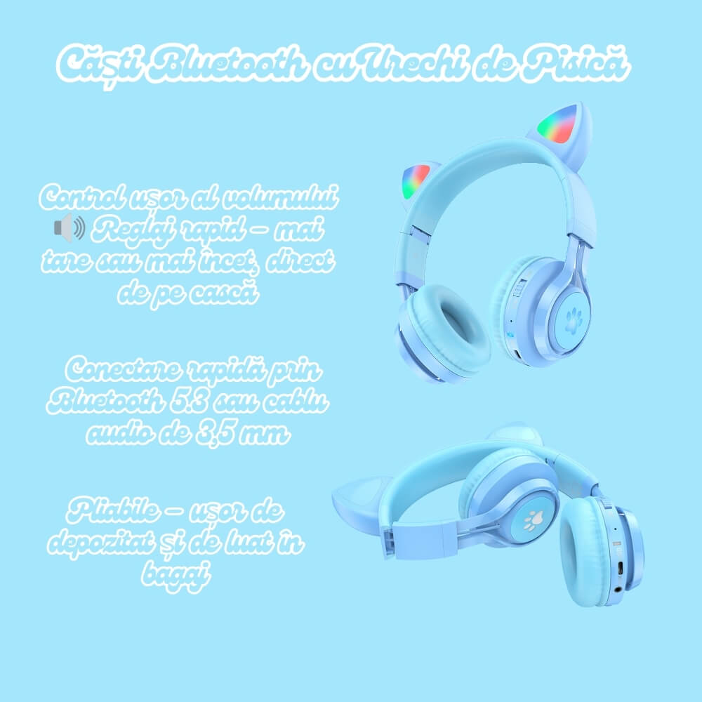 Casti Wireless Copii cu Urechi de Pisica, Pliabile, LED-uri RGB Distractive, Bluetooth, Microfon, Slot card, Functie Protectie Volum Copii, DigikalaX®, Conectare cablu AUX, Albastru Deschis
