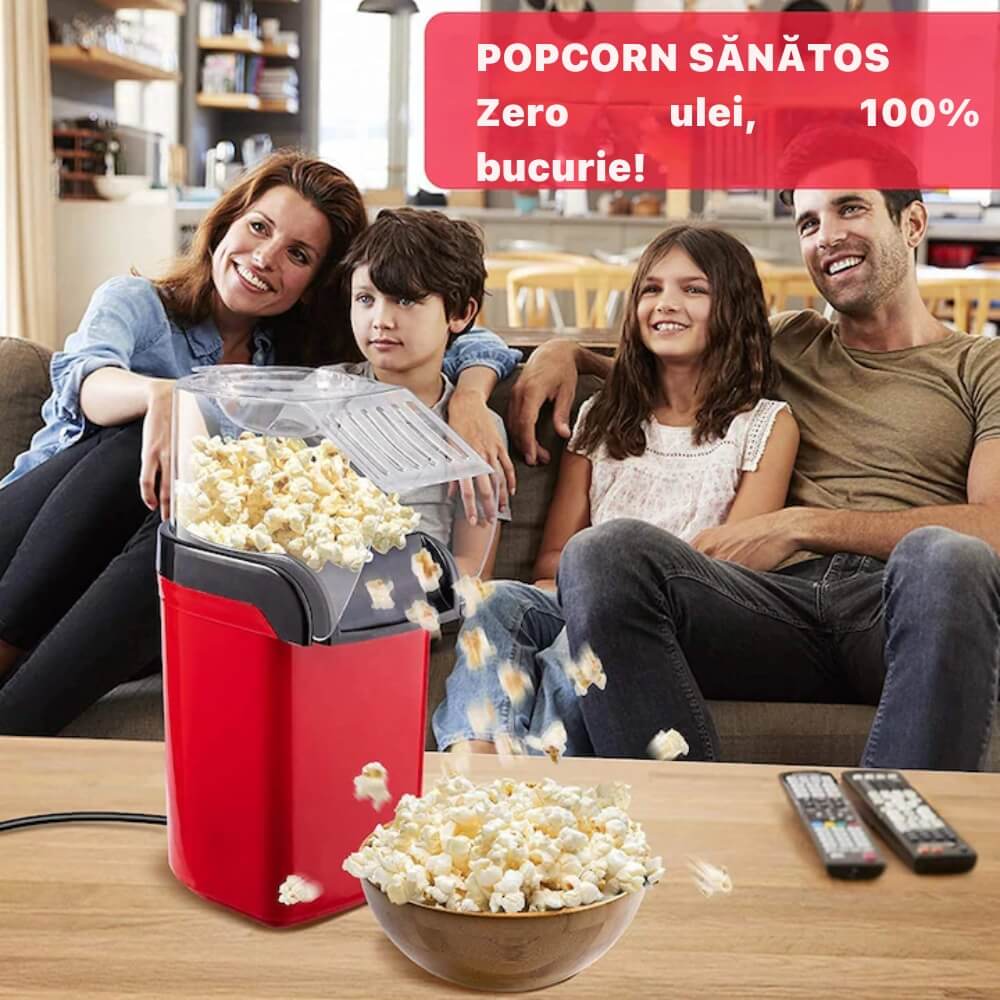 Aparat cu Aer Cald de facut Popcorn DigikalaX®, fara Ulei, 3min Preparare 1200W, Recipient dozator Boabe, Rosu