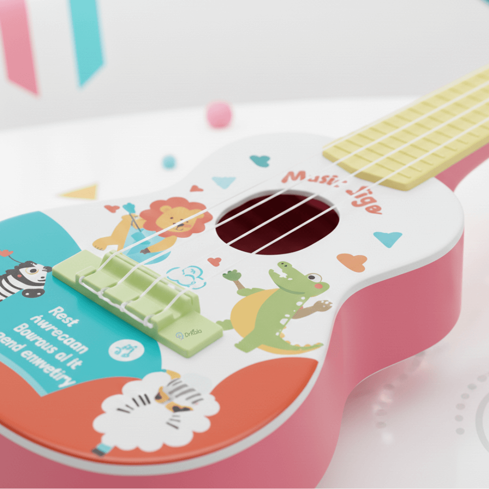 Chitară pentru Copii cu 4 Corzi, Ukulele, Design cu Animale, 40 cm, Roz