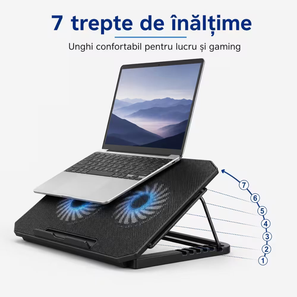 Laptop Cooler, Stand de racire laptop GA4, 2 Ventilatoare 120 mm, 7 Trepte, Compatibil cu dimensiunile 12–17”, Negru