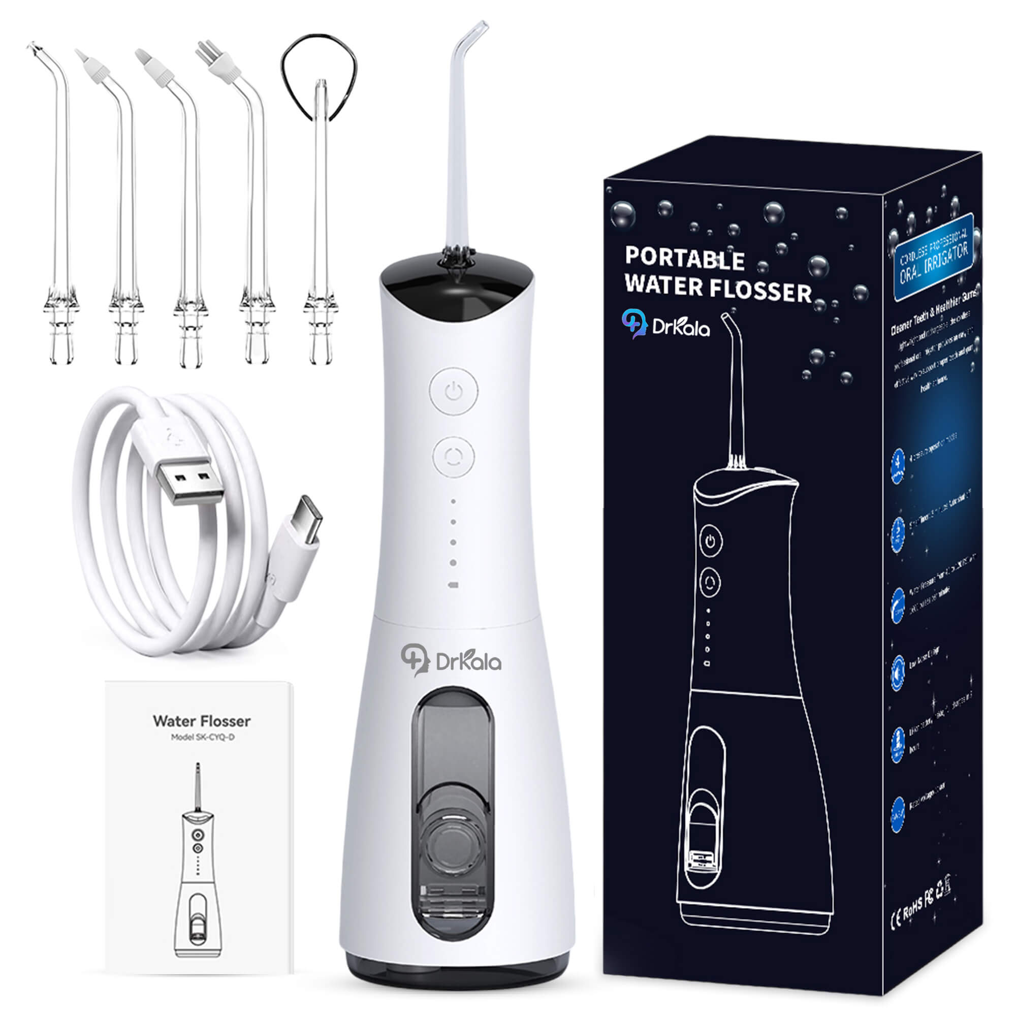 Irigator Bucal Profesional, DrKala®, Dus Bucal Portabil, 4 Moduri, Memorie, Pana la 1600 pulsații/minut, Rezervor 300ml, 5 Duze, Alb