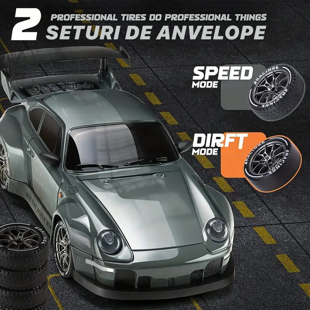 Masinuta cu Telecomanda, RC Drift Car, 1:24, 2.4GHz, 20 km/h, Tractiune Integrala, 2 Seturi Anvelope (Speed & Drift), Obstacole Incluse, Baterie Reincarcabila, Gri