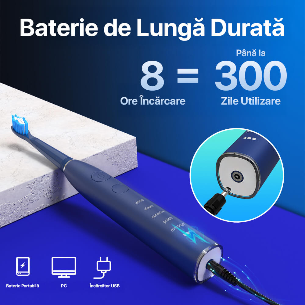 Periuta de dinti electrica sonica DrKala, 5 moduri, 5 capete DuPont, pana la 40.000 vibrații/min, IPX7, Albastru inchis