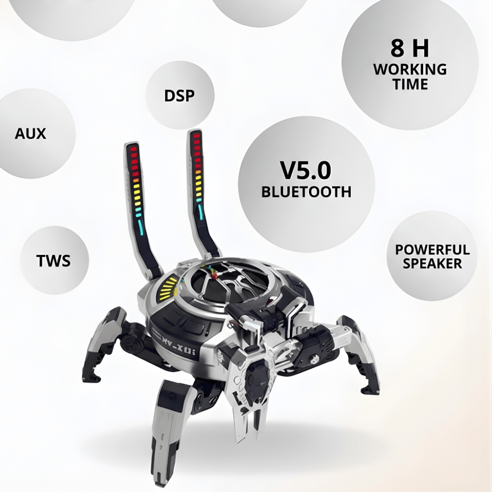 Boxa Portabila Wireless Bluetooth 5.0, Model "Mecha Crab", Putere 10W, Sunet Surround 360°, Acumulator 2500mAh, Lumini LED RGB, Design Robotic Pliabil, Portocaliu