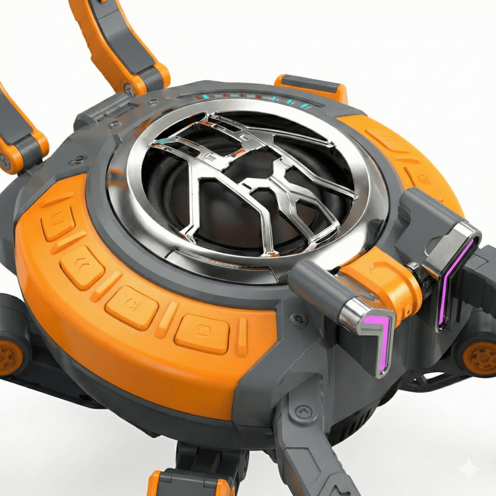 Boxa Portabila Wireless Bluetooth 5.0, Model "Mecha Crab", Putere 10W, Sunet Surround 360°, Acumulator 2500mAh, Lumini LED RGB, Design Robotic Pliabil, Portocaliu