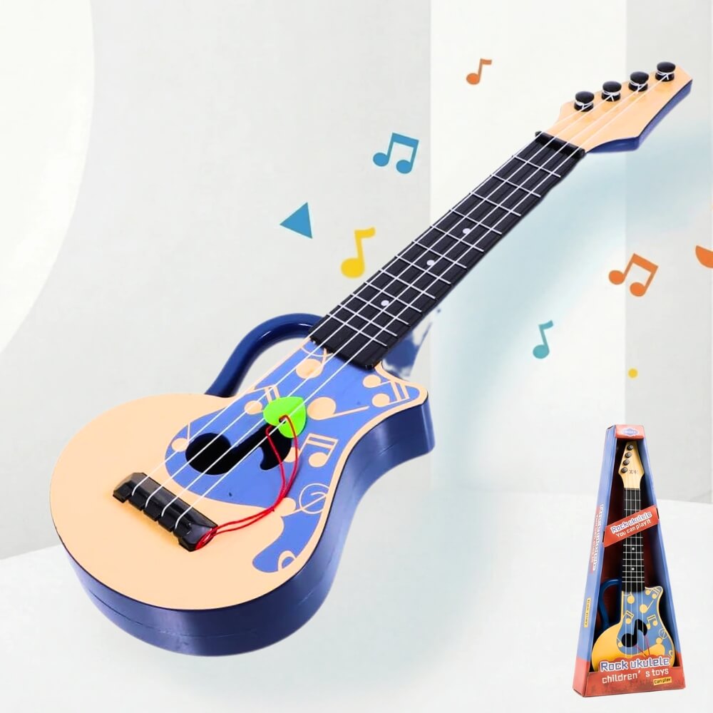 Chitara de Jucarie pentru Copii, Ukulele 4 Corzi, 45 cm, Instrument Muzical Educativ, Cadou pentru Baieti si Fete, Albastru-Bej