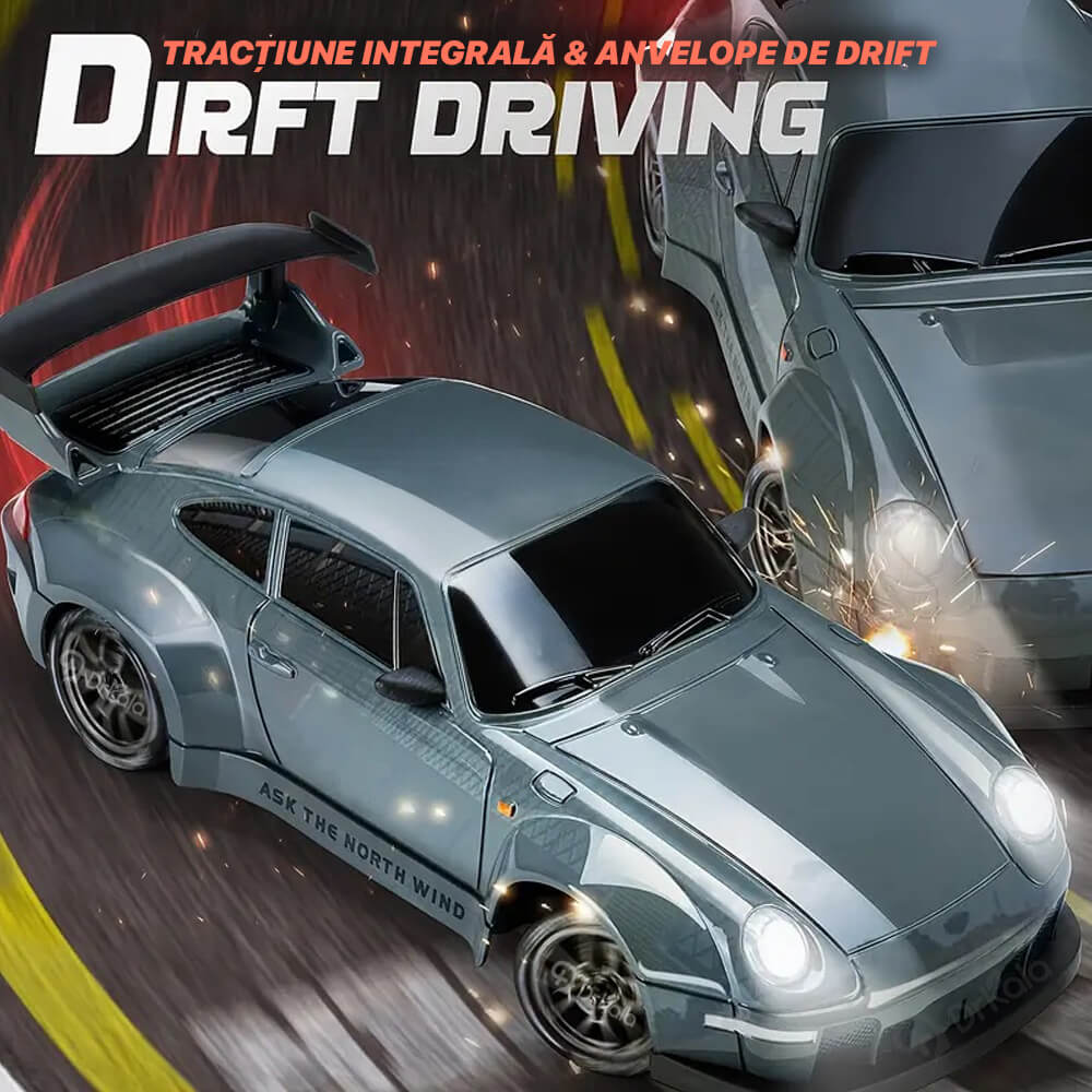 Masinuta cu Telecomanda, RC Drift Car, 1:24, 2.4GHz, 20 km/h, Tractiune Integrala, 2 Seturi Anvelope (Speed & Drift), Obstacole Incluse, Baterie Reincarcabila, Gri