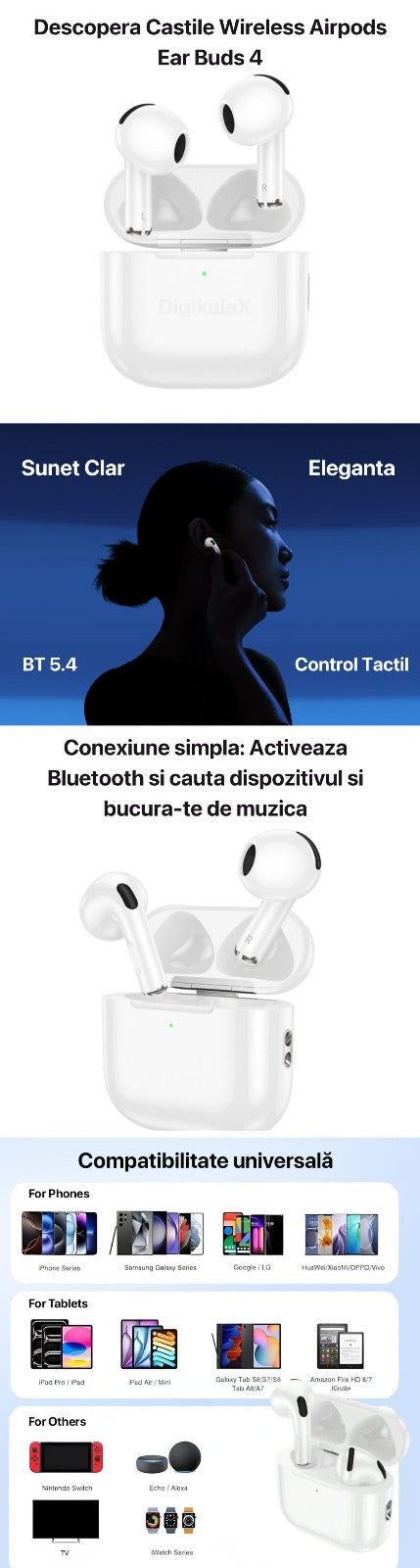 Casti Wireless Bluetooth Hoco EW78, BT 5.4, Functii Siri, Microfon, Compatibilitate Universala, Alb