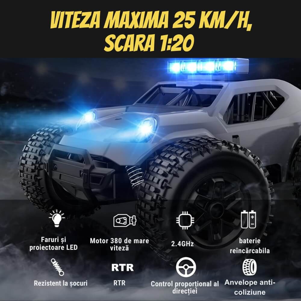 Masina cu telecomanda Monster Truck RC Off-Road, 25km/h, Scara 1:20, Suspensii Anti-Soc, Anvelope High-Grip, Acumulator inclus, Gri