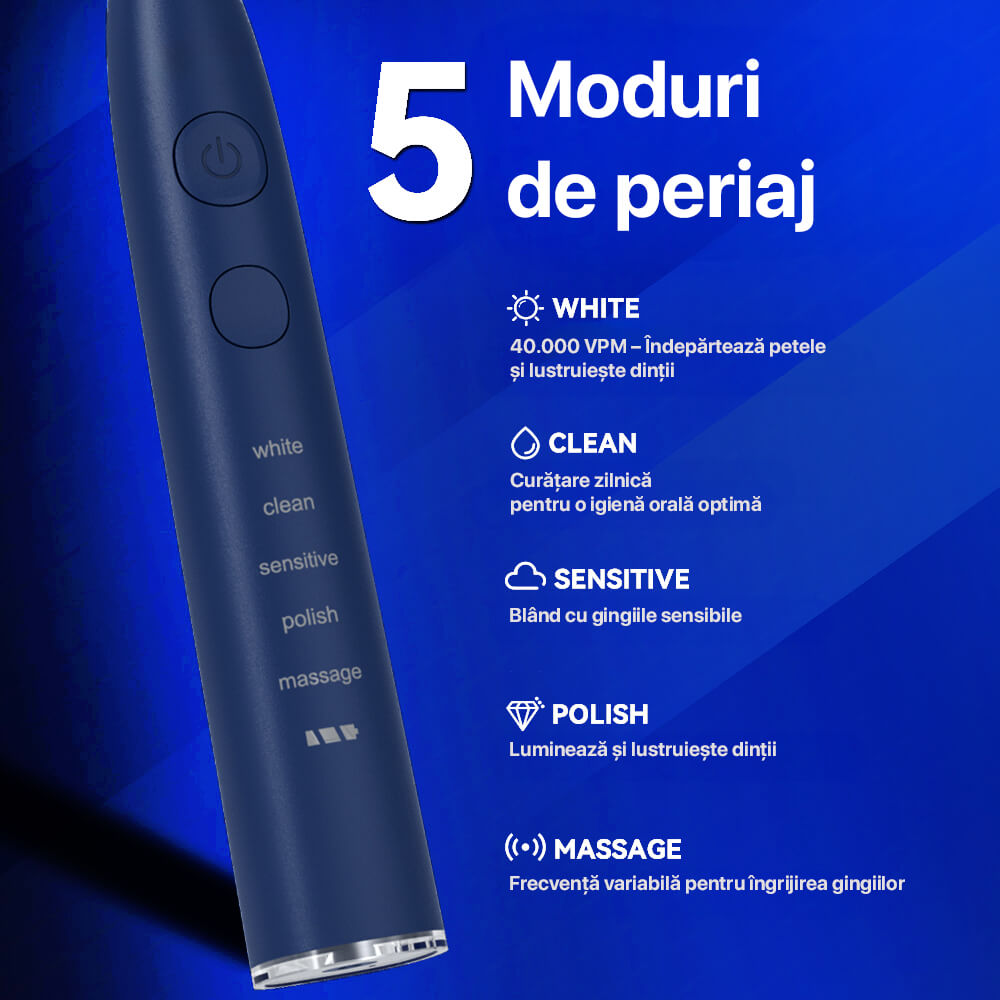 Periuta de dinti electrica sonica DrKala, 5 moduri, 5 capete DuPont, pana la 40.000 vibrații/min, IPX7, Albastru inchis