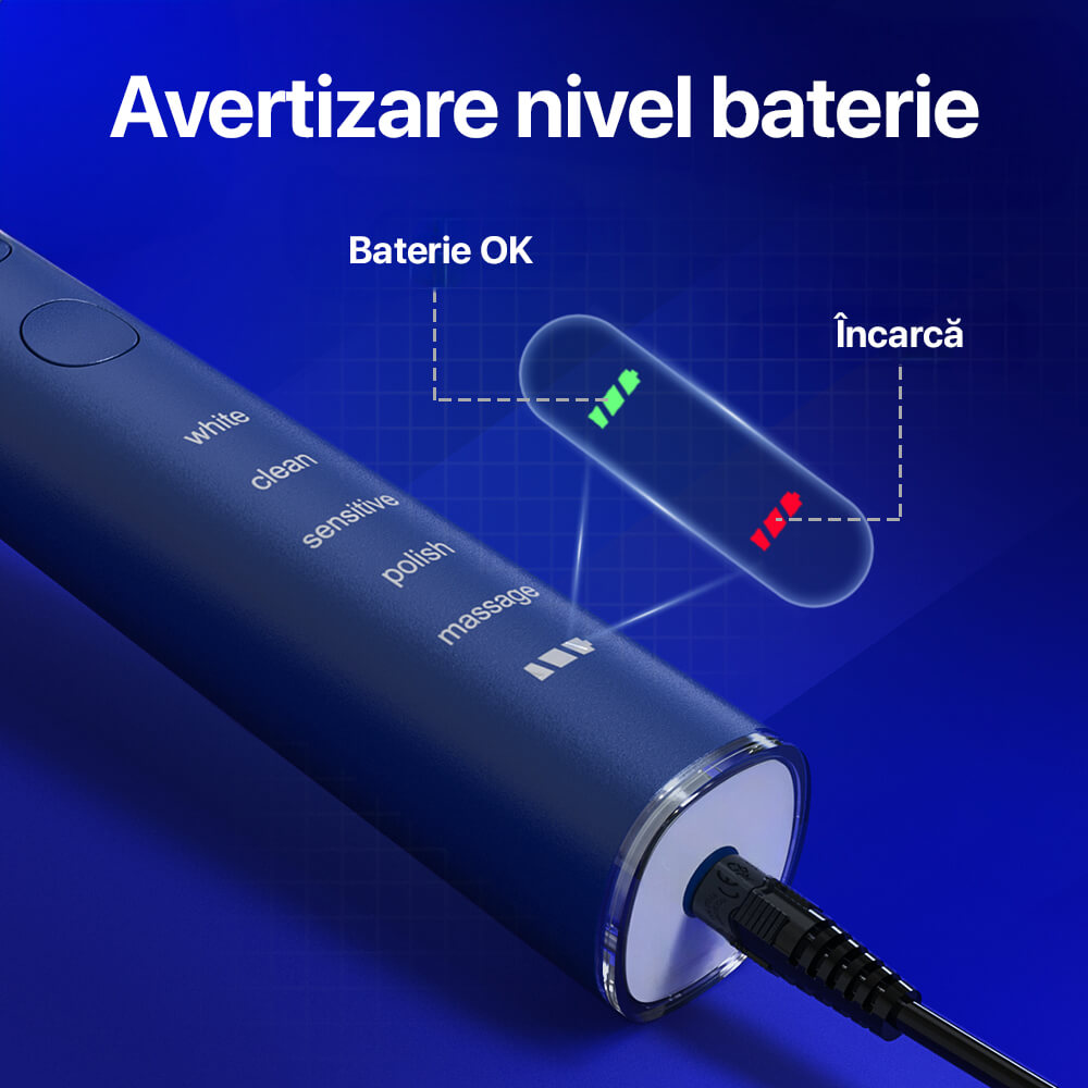 Periuta de dinti electrica sonica DrKala, 5 moduri, 5 capete DuPont, pana la 40.000 vibrații/min, IPX7, Albastru inchis