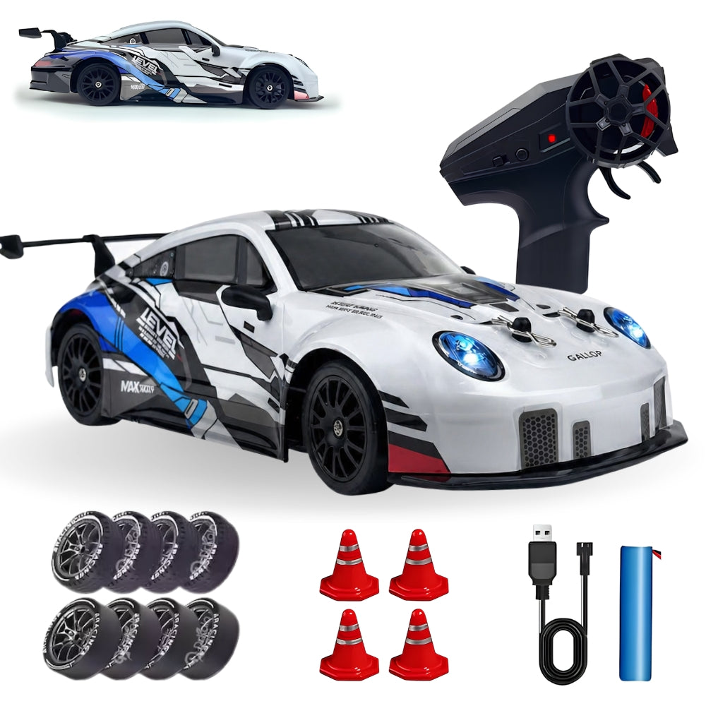 Masina RC cu Telecomana Design Porsche, Drift Car 1:24, 4WD, 20 km/h, LED-uri, Acumulatori Reincarcabili, Anvelope Inter-schimbabile, Cadou Copii si Adulti 7+, Alb