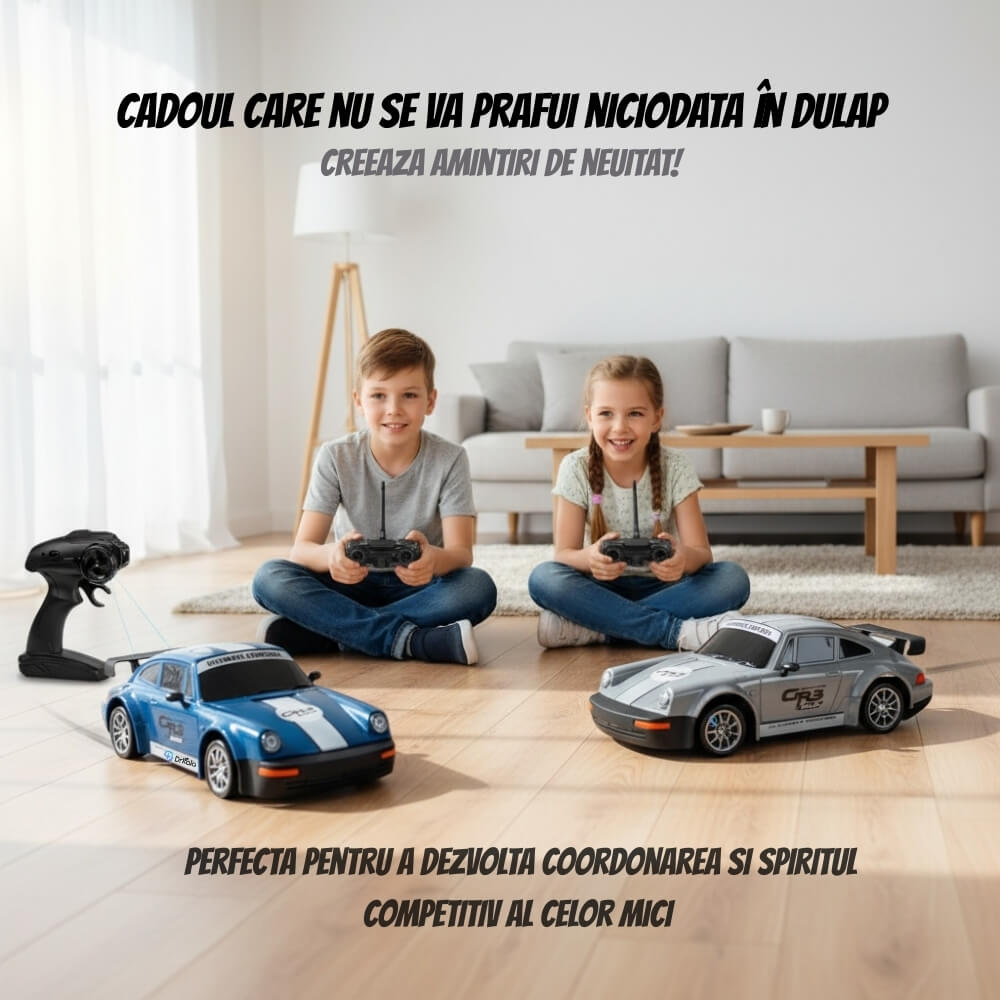 Masinuta cu Telecomanda RC Drift Car, Porsche Vintage, 1:24, 2.4GHz, 20 km/h, Tractiune Integrala, 2 Seturi Anvelope (Speed & Drift), Obstacole Incluse, Baterie Reincarcabila, Gri
