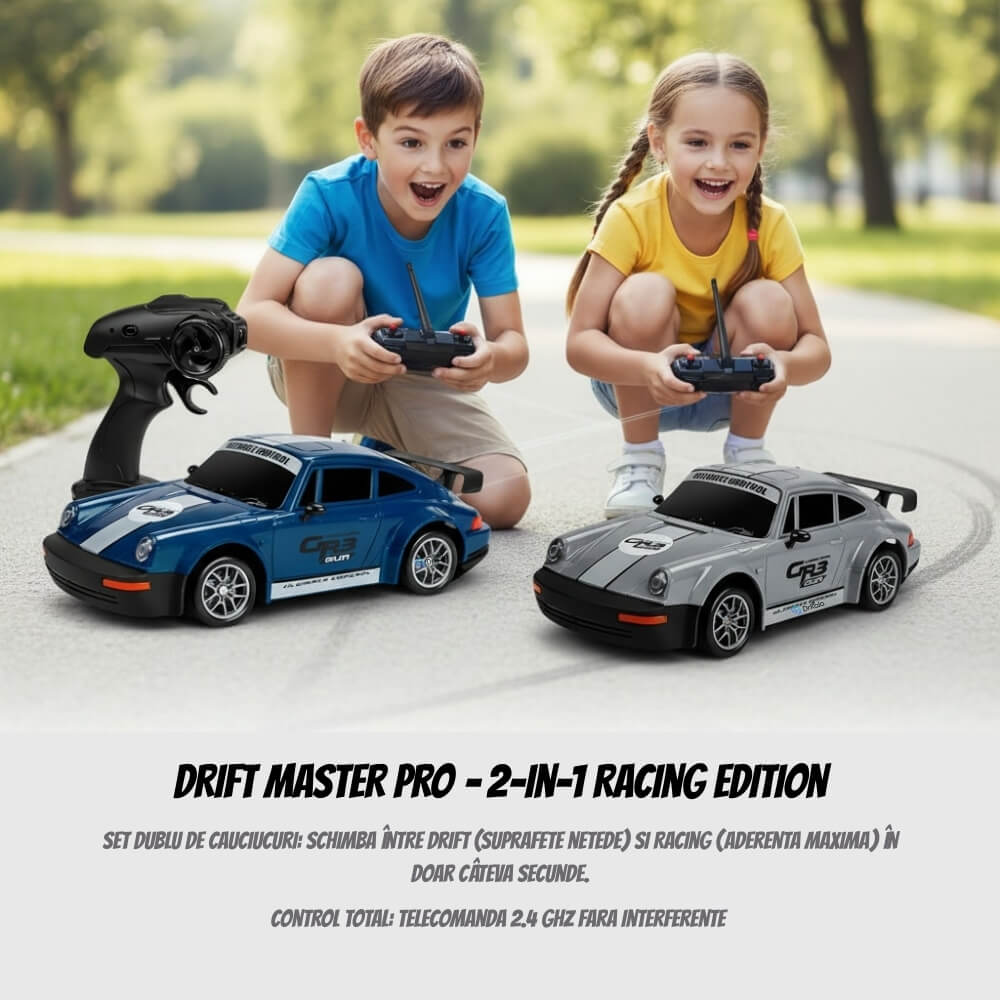 Masinuta cu Telecomanda RC Drift Car, Porsche Vintage, 1:24, 2.4GHz, 20 km/h, Tractiune Integrala, 2 Seturi Anvelope (Speed & Drift), Obstacole Incluse, Baterie Reincarcabila, Gri