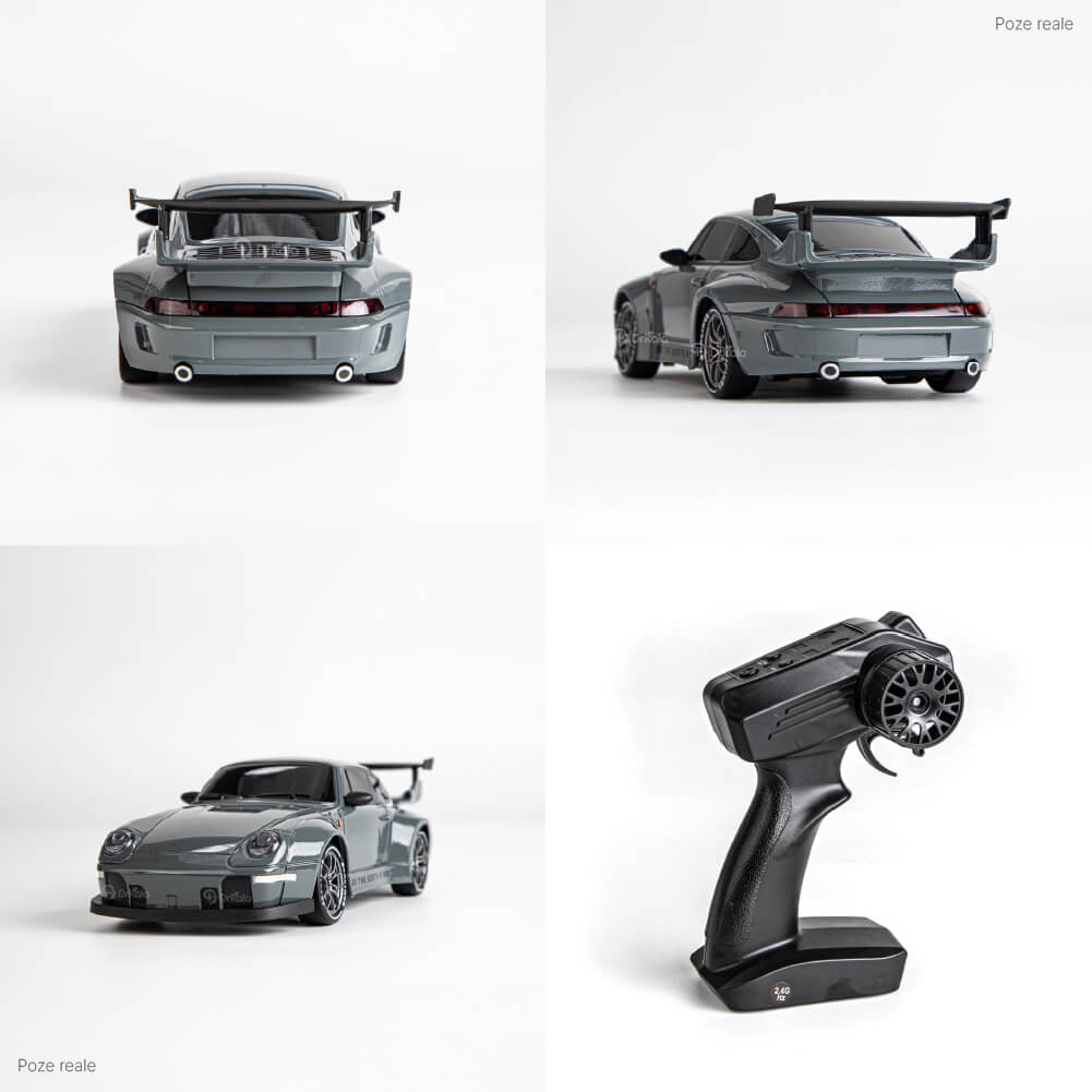 Masinuta cu Telecomanda, RC Drift Car, 1:24, 2.4GHz, 20 km/h, Tractiune Integrala, 2 Seturi Anvelope (Speed & Drift), Obstacole Incluse, Baterie Reincarcabila, Gri