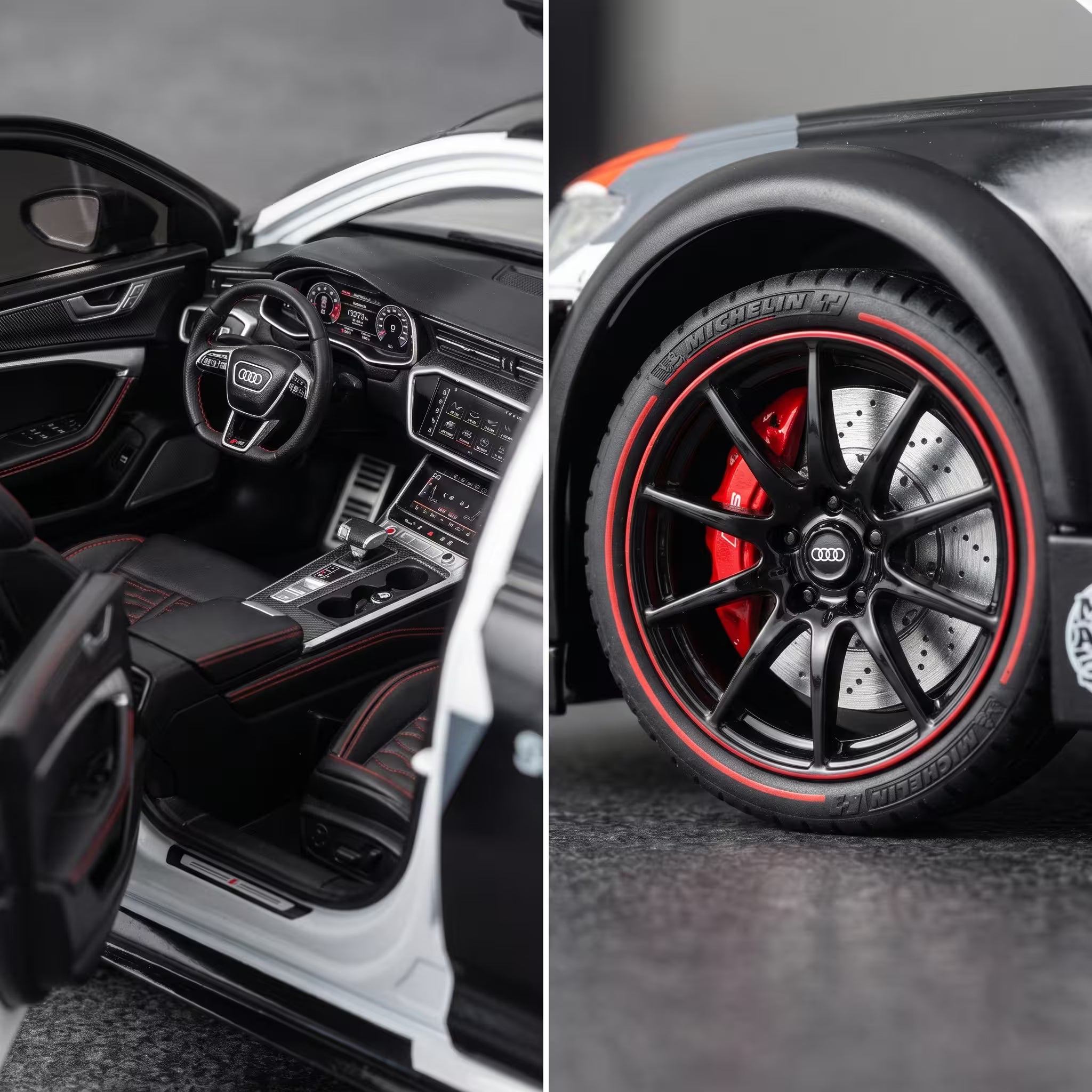 Masina Metalica Audi RS6, Scara 1:24, Usi si Portbagaj Mobile, Lumini, Sunete, Cadou Baiat, Alb/Gri/Negru