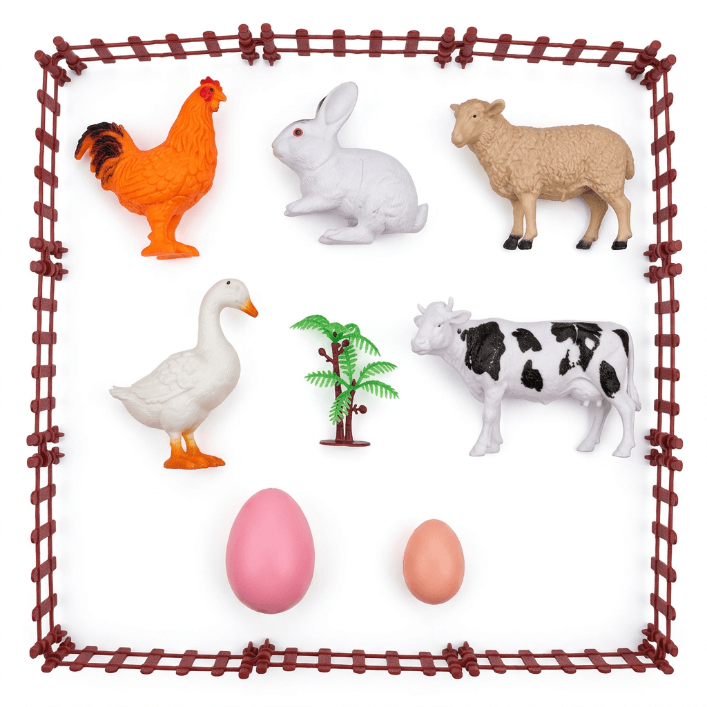Set Animale de Ferma pentru Copii 3+ Ani, Figurine Realiste cu Gard si Accesorii, Jucarie Educativa pentru Joc de Rol, Alb/Portocaliu