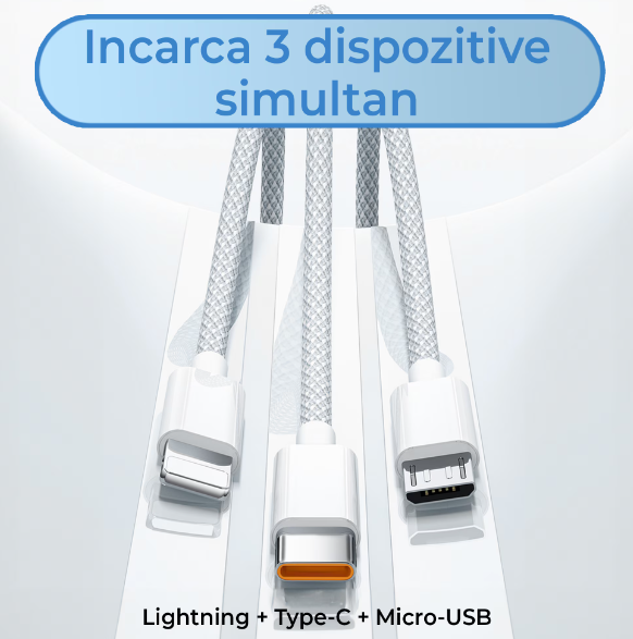 Cablu Date 3 in 1, USB, Type-C, Lightning, Micro-USB, 1m, Alb