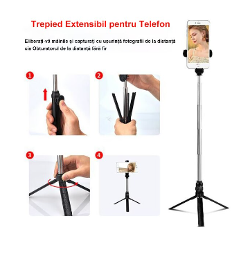 Selfie stick Bluetooth, LED Fill Light, Compatibil cu iOS/Android, ajustabil, Negru