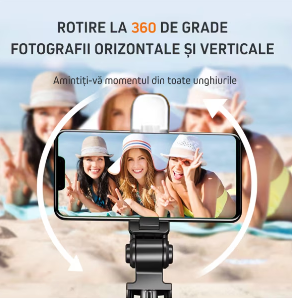 Selfie stick Bluetooth, LED Fill Light, Compatibil cu iOS/Android, ajustabil, Negru