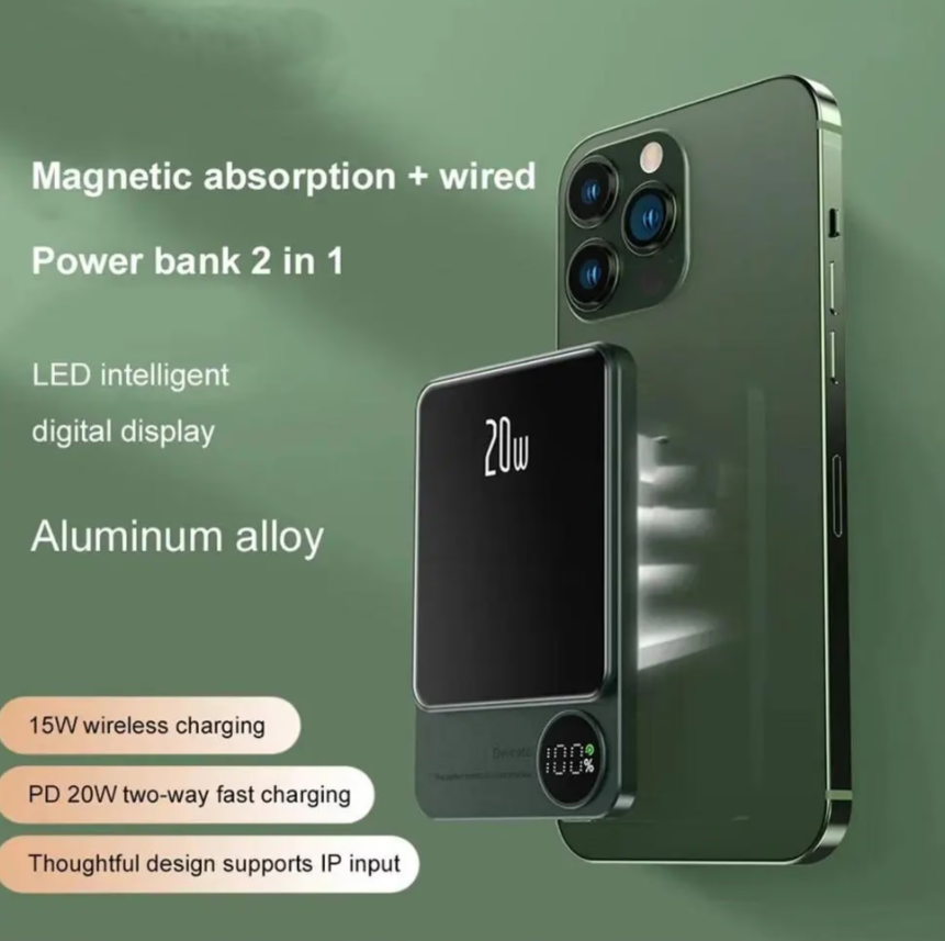 Baterie Externa Wireless Magnetica 10.000 mAh, Fast Charge 20W, Green