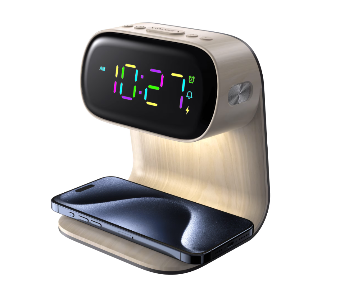 Ceas & Lampa de Dormit, LED , RGB , Incarcare Wireless Integrata, Woody