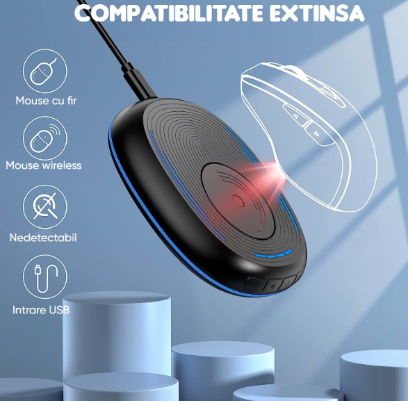 Mouse Jiggler nedetectabil pentru simularea miscarii mouse-ului, anti sleep, cu buton ON-OFF, functie de auto click, Negru