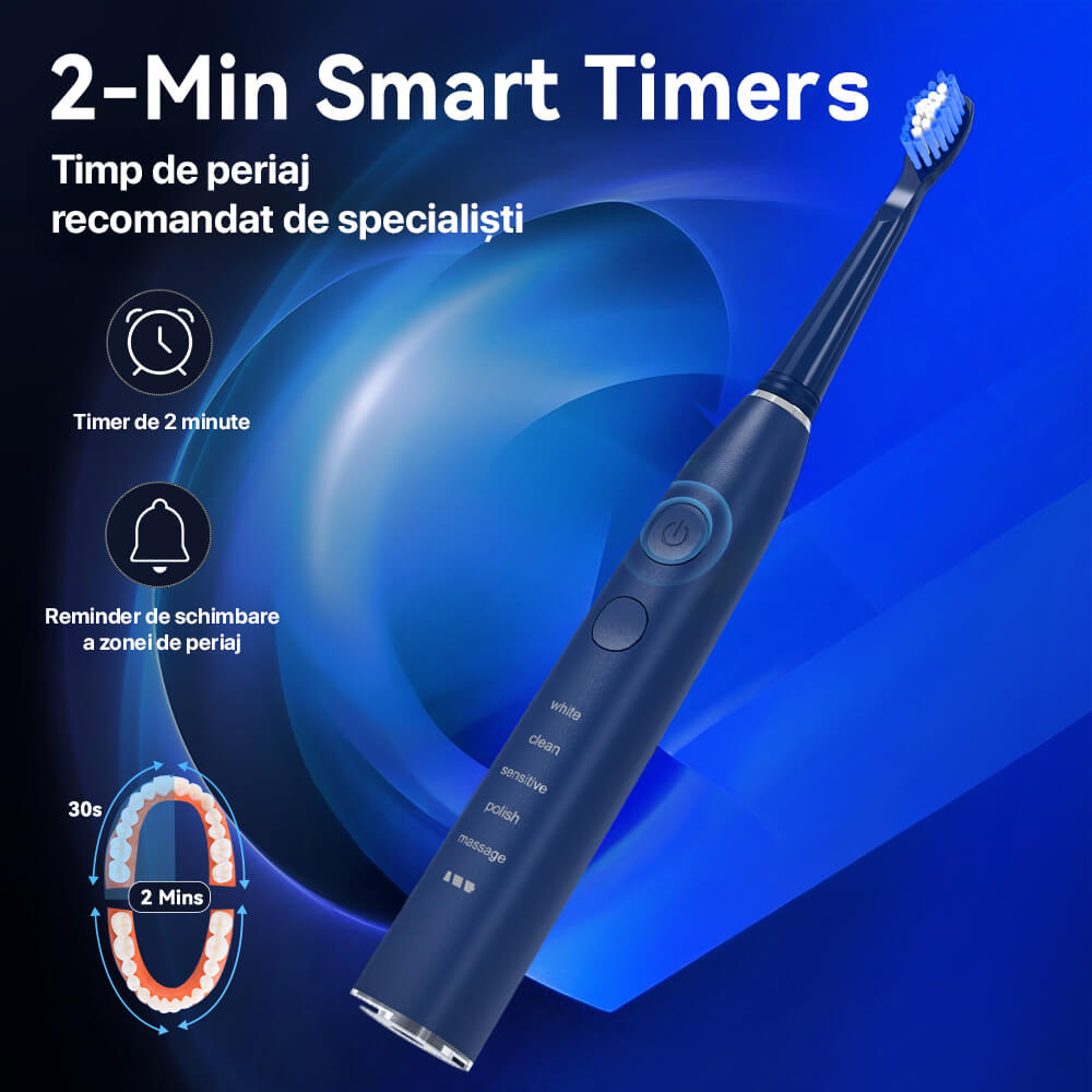 Periuta de dinti electrica sonica DrKala, 5 moduri, 5 capete DuPont, pana la 40.000 vibrații/min, IPX7, Albastru inchis
