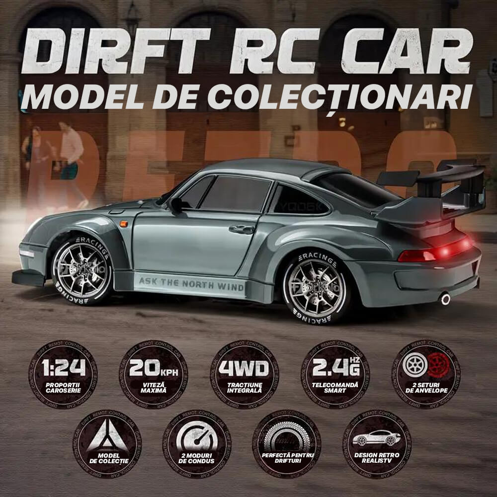 Masinuta cu Telecomanda, RC Drift Car, 1:24, 2.4GHz, 20 km/h, Tractiune Integrala, 2 Seturi Anvelope (Speed & Drift), Obstacole Incluse, Baterie Reincarcabila, Gri
