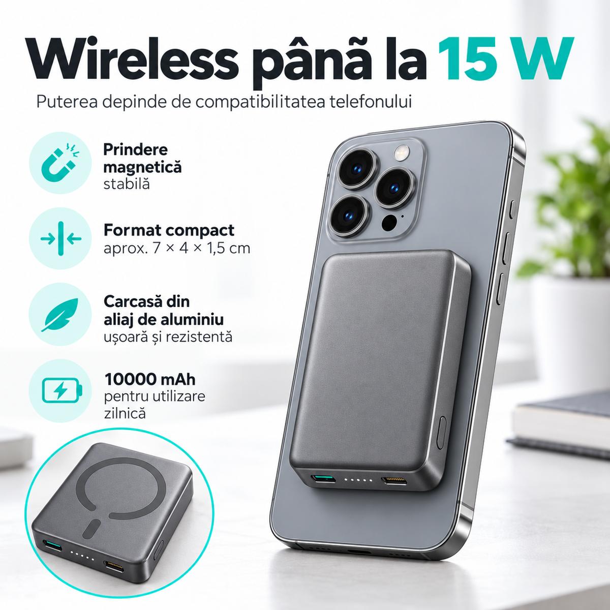 Baterie externă gri fixată cu suprafața magnetică spre spatele telefonului, încărcare wireless până la 15 W