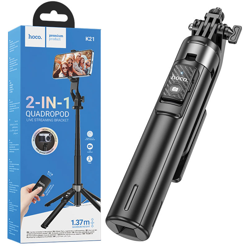 Selfie Stick Hoco Quadropod din Aluminiu, Bluetooth cu telecomanda, Negru