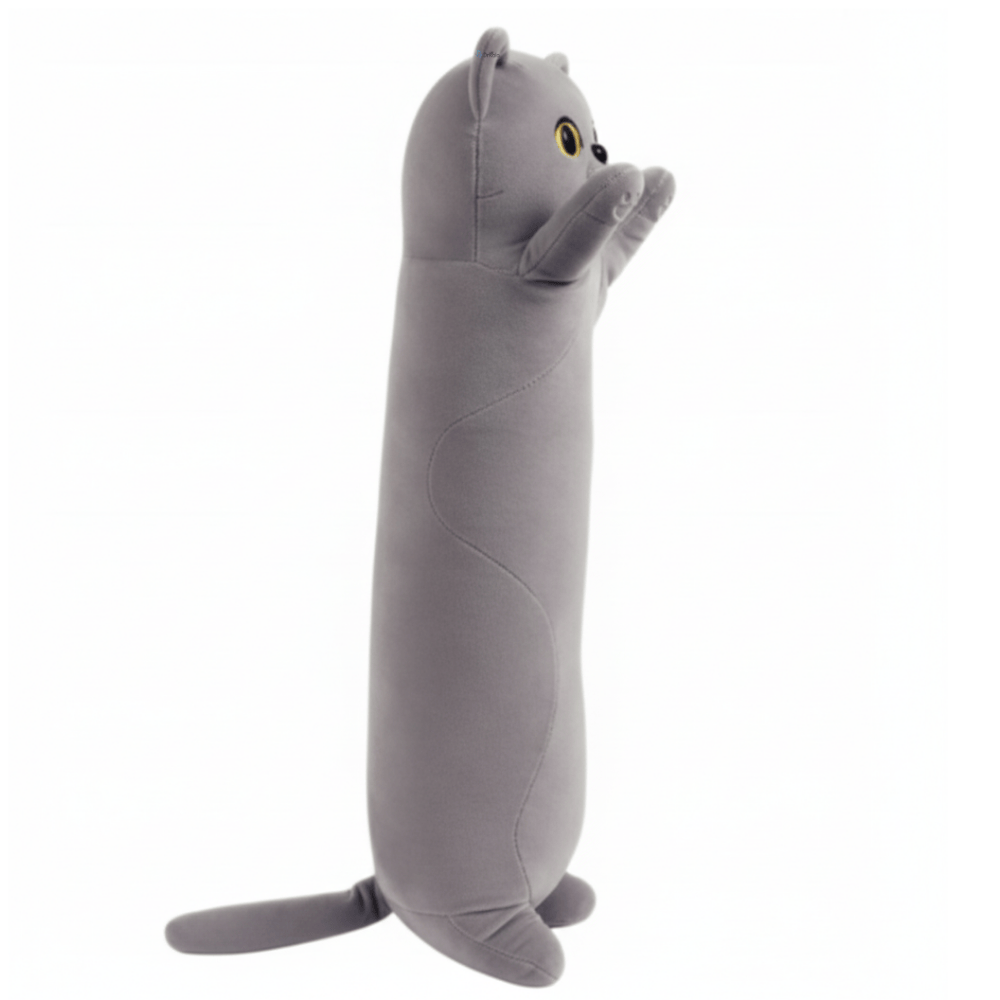 Jucărie de Plus Pisică Lungă, Tip Pernă, 48 cm, Gri Premium – Moale, Pufoasă și Confortabilă