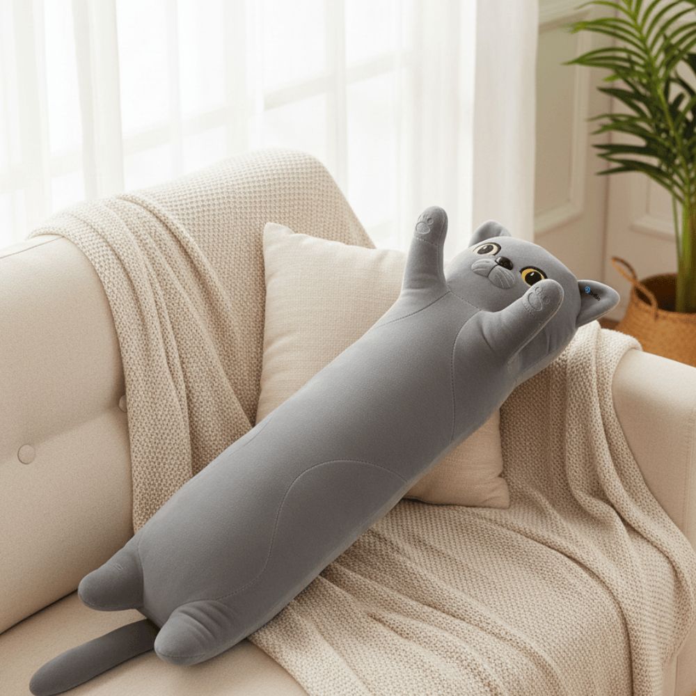 Jucărie de Plus Pisică Lungă, Tip Pernă, 48 cm, Gri Premium – Moale, Pufoasă și Confortabilă