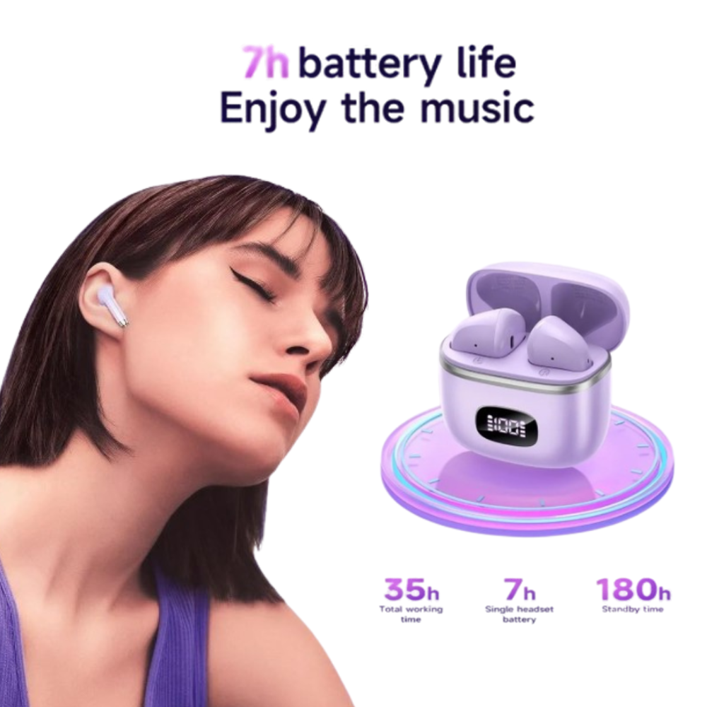 Casti Audio Wireless Earbuds, Conexiune Bluetooth 5.3, Carcasa 300mAh cu Display Digital LED, Autonomie 180h Standby, Design Snowflake, Negru/Mov