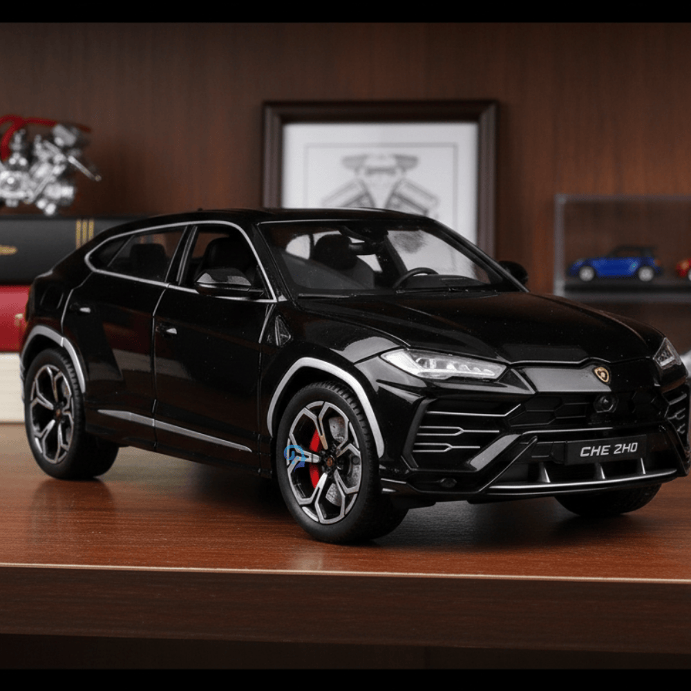 Lamborghini Urus Mașinuță Metalică 1:24 Negru – Uși și Portbagaj Funcționale, Efect Fum