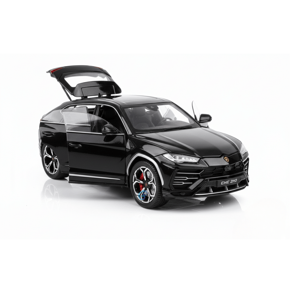 Lamborghini Urus Mașinuță Metalică 1:24 Negru – Uși și Portbagaj Funcționale, Efect Fum