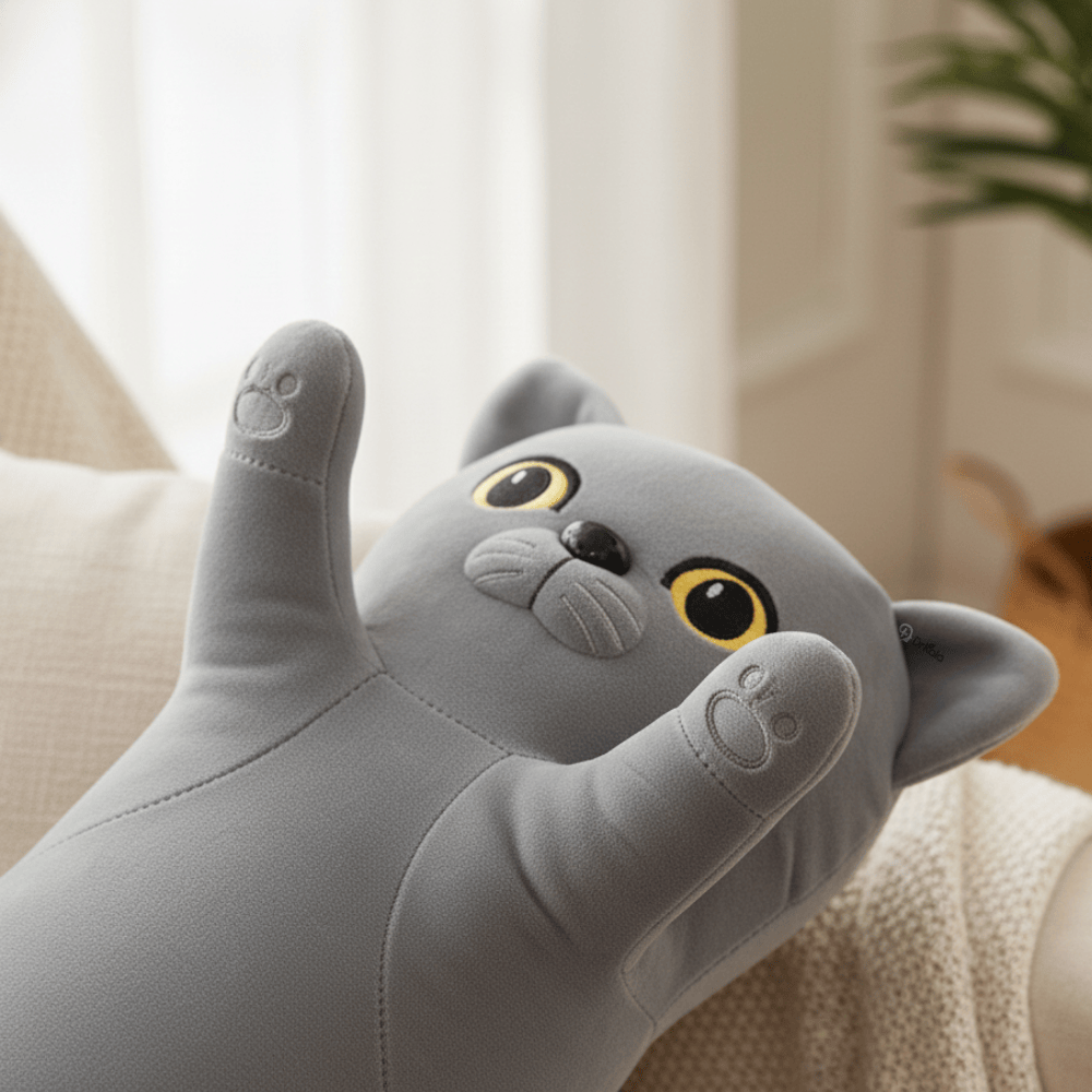 Jucărie de Plus Pisică Lungă, Tip Pernă, 48 cm, Gri Premium – Moale, Pufoasă și Confortabilă