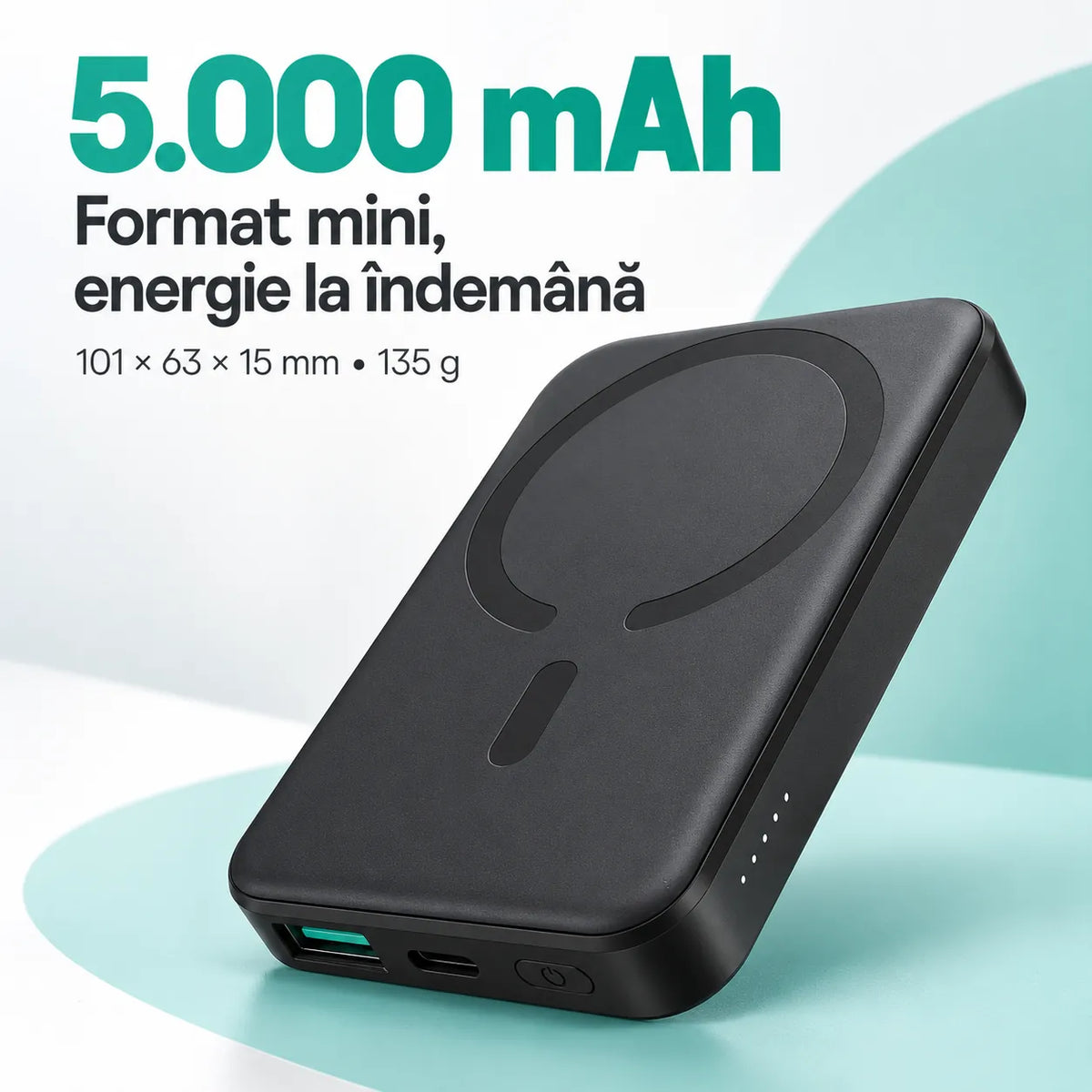 Baterie externă de 5000 mAh, format compact, 135 g.