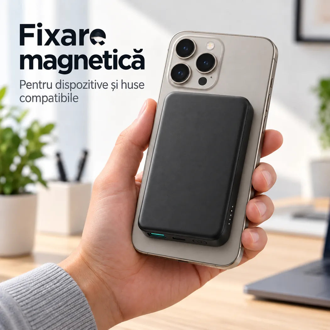 Fixare magnetică pe un telefon compatibil, scenă ilustrativă.