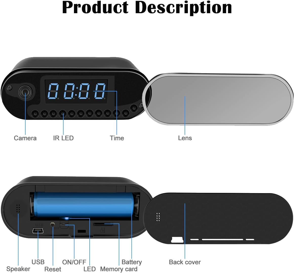 Mini camera Spy, WI-FI, IP, Dispozitiv de Spionaj, Ascunsa in Ceas Desteptator, 1080P, Activare la Miscare, Negru