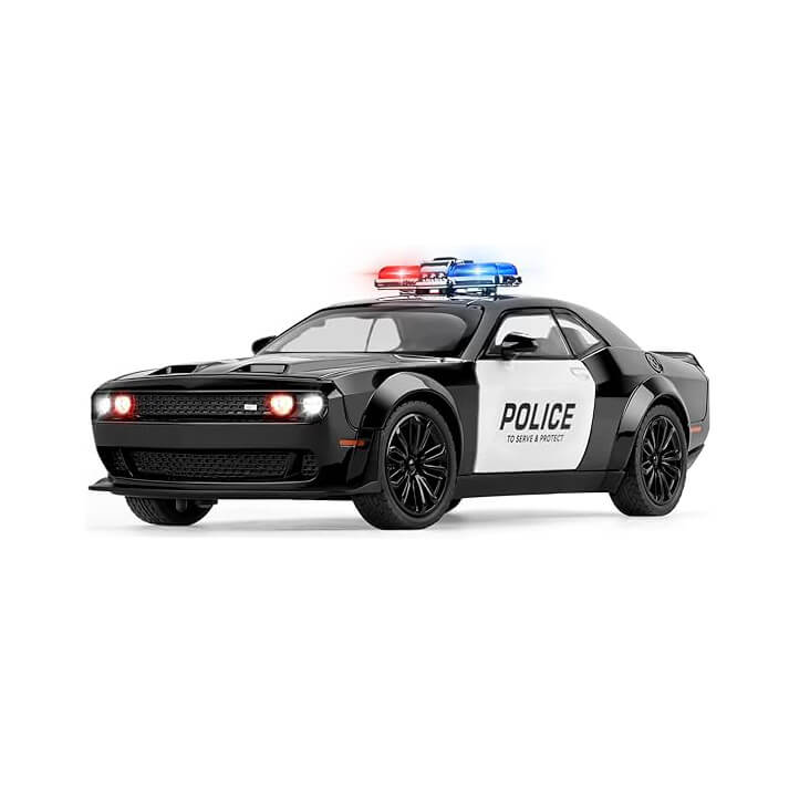 Masina metalica Politie, Dodge Challanger, Sunete si lumini, Usile, capota si portbagajul se deschid