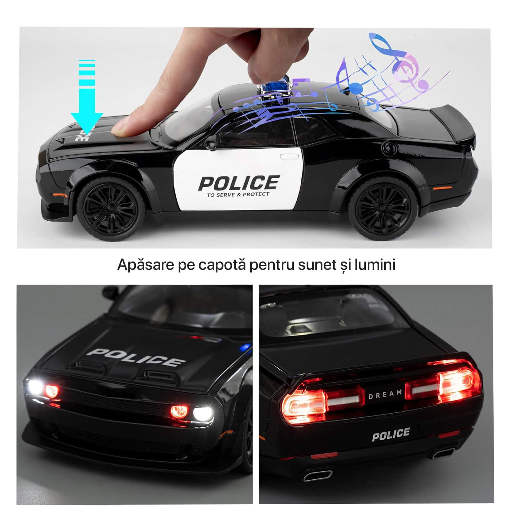 Masina metalica Politie, Dodge Challanger, Sunete si lumini, Usile, capota si portbagajul se deschid