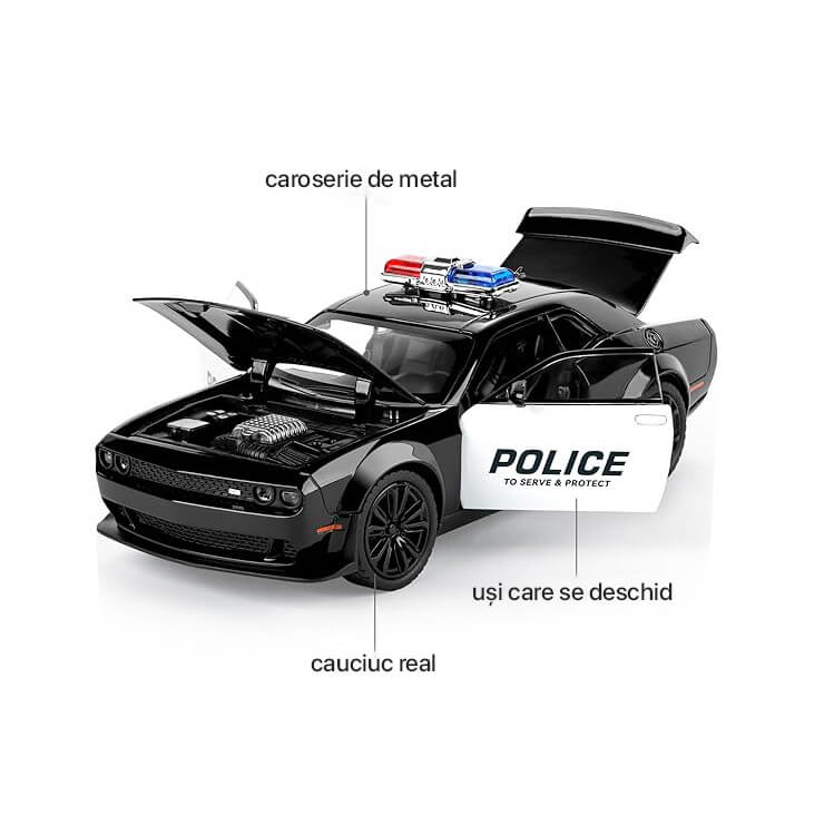 Masina metalica Politie, Dodge Challanger, Sunete si lumini, Usile, capota si portbagajul se deschid